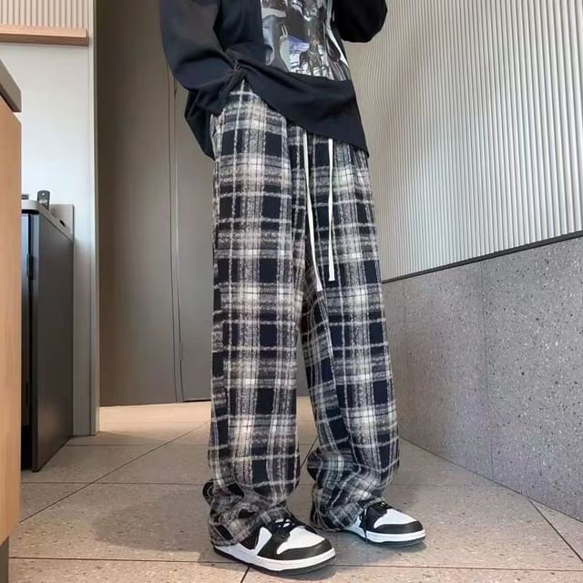 Everose-Drawstring Waist Plaid Wide Leg Pants