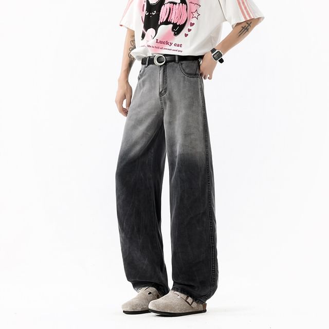 Omozando-Mid Rise Gradient Washed Loose Fit Jeans