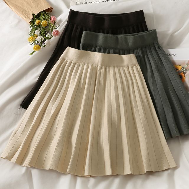 Lemongrass - Elastic High-Waist Pleated Knit Mini Skirt in 5 Colors ...