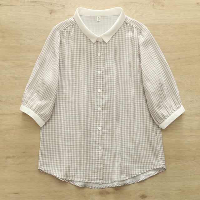 Lewwe-L - 34-Sleeve Collared Gingham Contrast Trim Button-Up Blouse