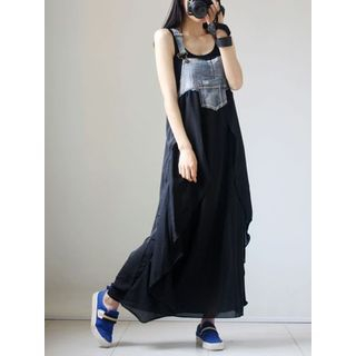 Mikiko - Asymmetric Chiffon Paneled Midi Denim Dungaree Dress | YesStyle