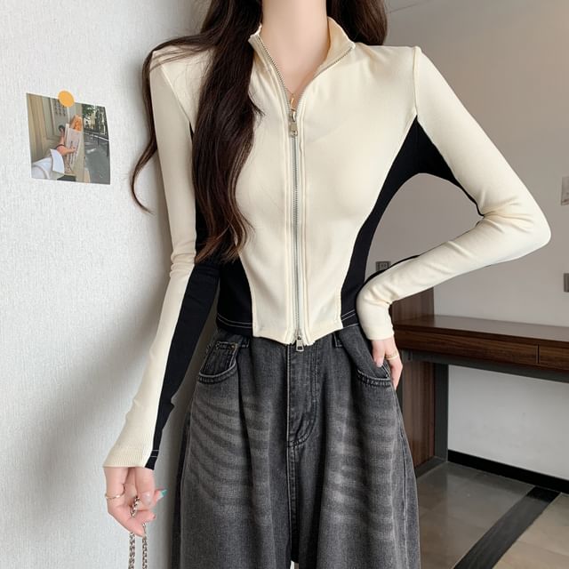 Magimomo-Stand Collar Two Tone Zip Jacket