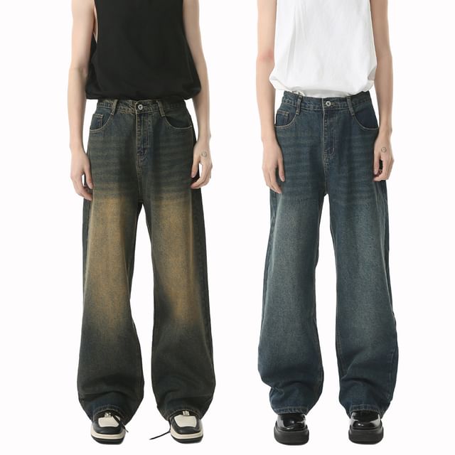 FAERIS-Mid Rise Washed Wide Leg Jeans