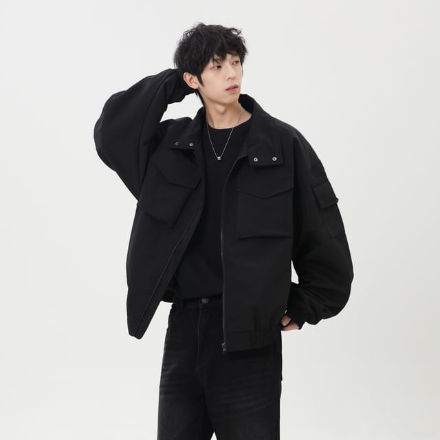 Koiyua-Stand Collar Plain Zip Cargo Jacket