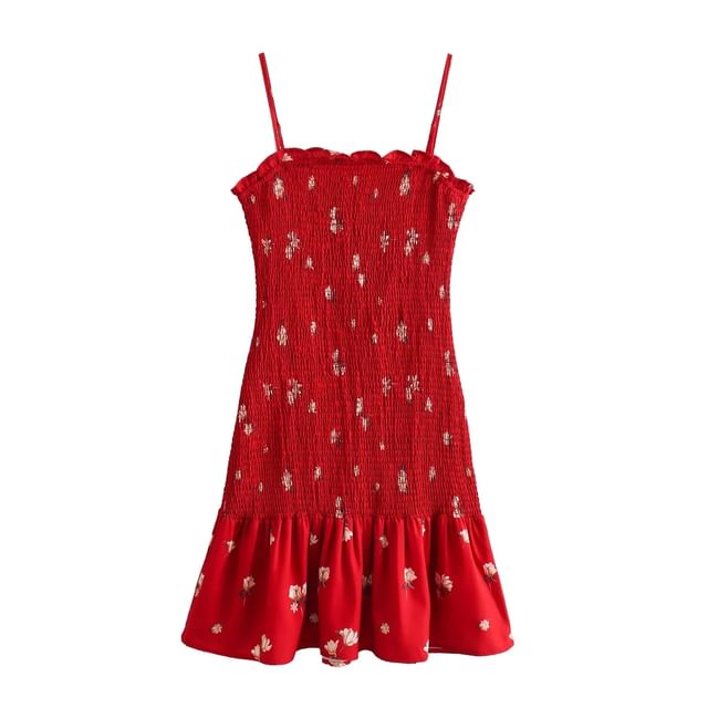 Omelia - Spaghetti Strap Floral Print Frill Trim Smocked Mini Bodycon Dress  | YesStyle