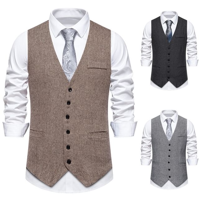 Aozora-V-Neck Herringbone Single Breasted Vest