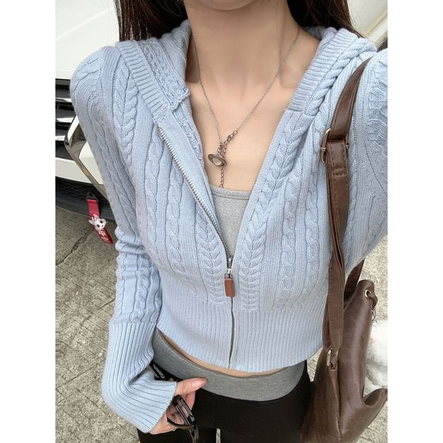 Alfie-Hooded Plain Cable Knit Zip Cardigan