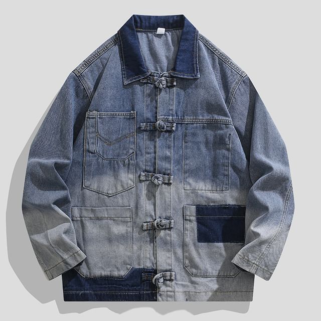 purplelouve-Collared Washed Denim Knot Button Jacket