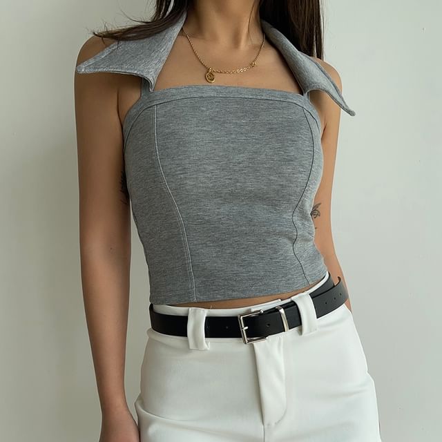 Colada-Halter Collared Plain Padded Top