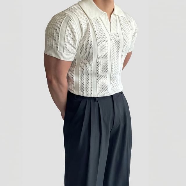 Okwano-Short Sleeve Open Placket Plain Knit Polo Top