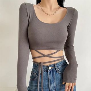 Flotto - Long Sleeve Scoop-Neck Plain Tie-Waist Crop Top | YesStyle