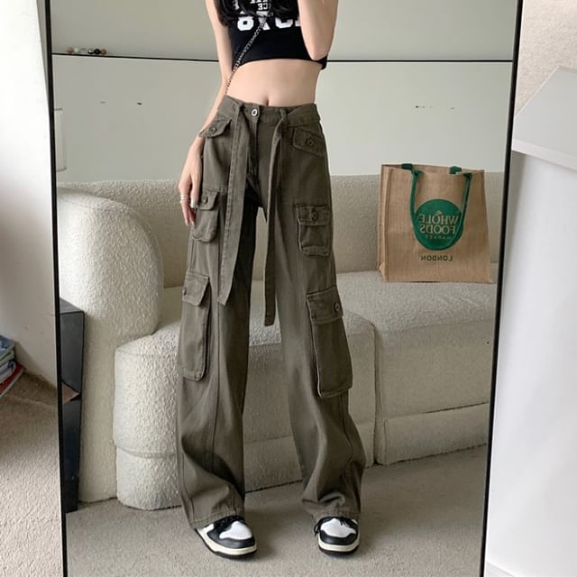 Adothuiastic-Low Rise Plain Wide Leg Cargo Pants