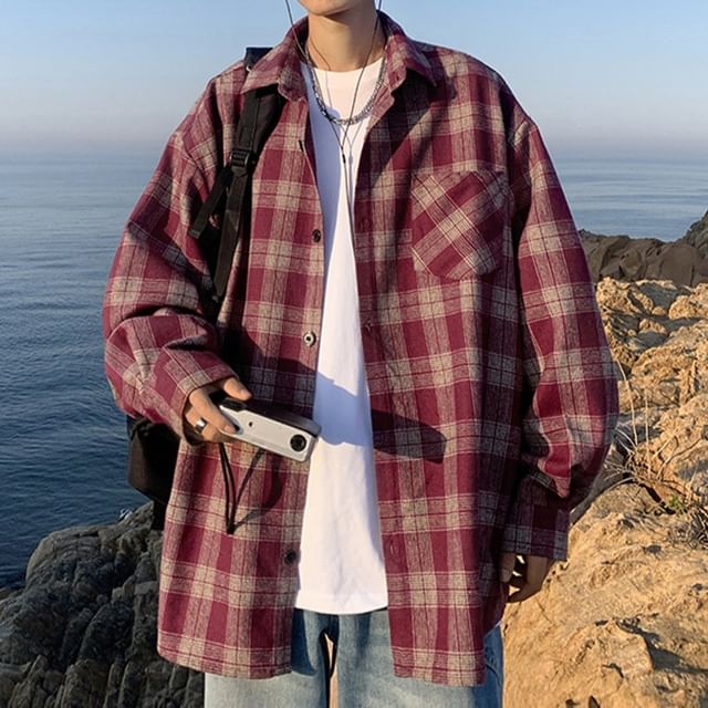 Kimeya-Collared Plaid Long Sleeve Button Up Shirt