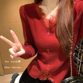 Yako-Long-Sleeve V-Neck Lace Panel Button Knit Top