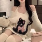monroll - Halter-Neck V-Neck Plain Top / Off-Shoulder Long-Sleeve Cat Print Sweater | YesStyle