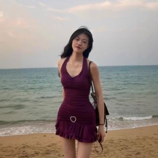 OUREA Halter V-Neck Plain Ruffle Mini Bodycon Dress Sale