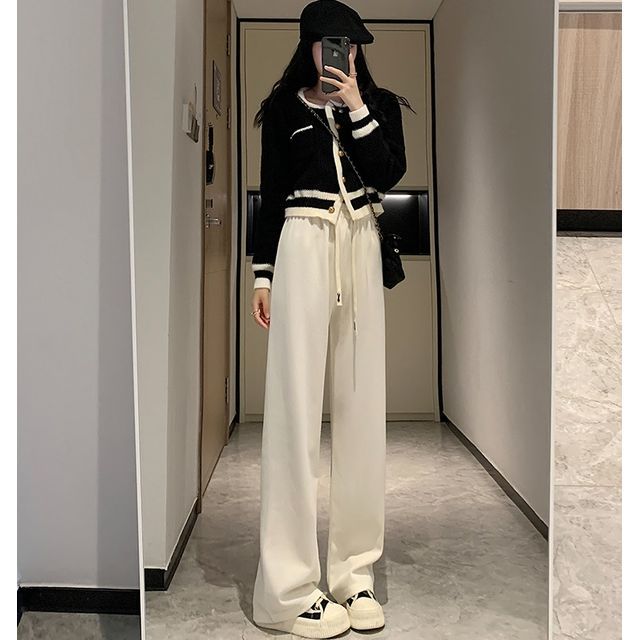 evanesce-High-Waist Drawstring Wide-Leg Casual Plain Drape Long Pants Various Designs