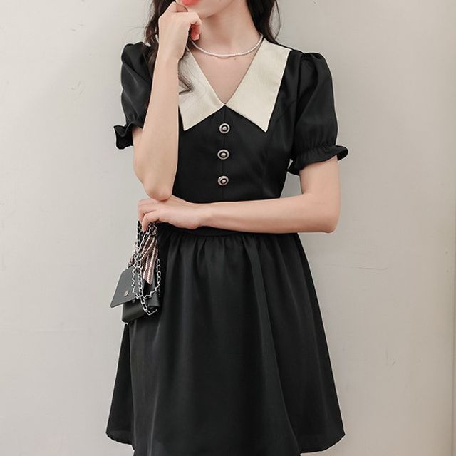 black short sleeve dress with white collar Posreflo - Short-Sleeve Collar A-Line Dress