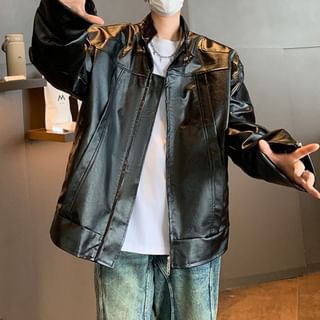 Hushgrain-Stand Collar Faux Leather Zip-Up Jacket
