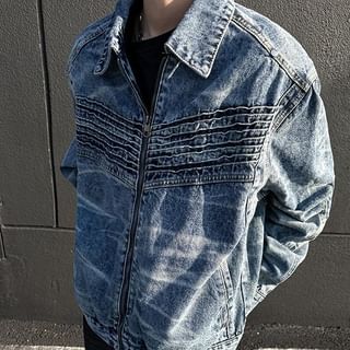 Antaeus-Collar Washed Denim Zip Jacket