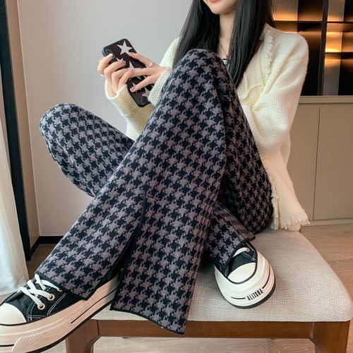 High Rise Houndstooth Wide Leg Slit Pants