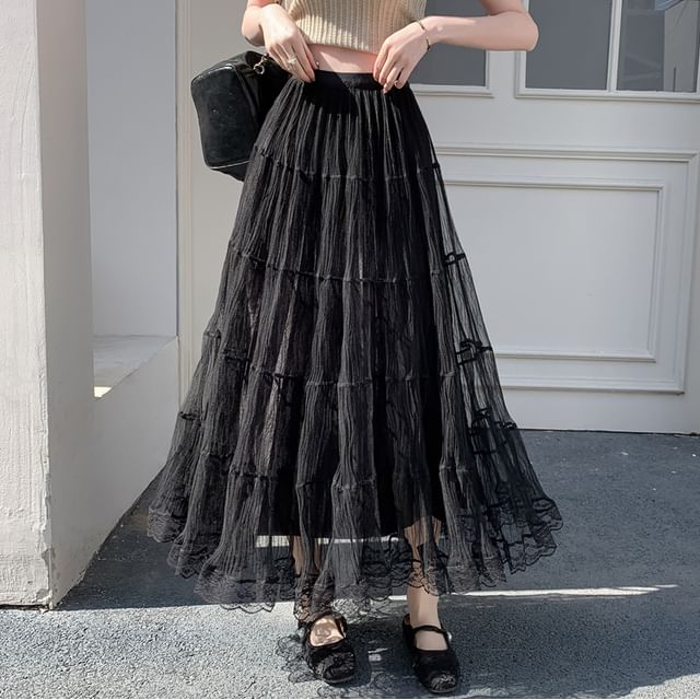 Floor Length Tiered Mesh Skirt Women High Waist Mesh Midi Skirt A