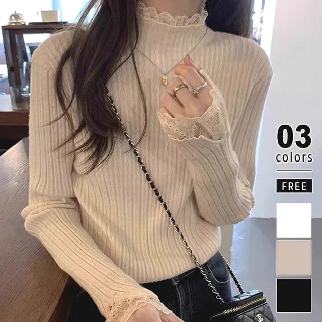 Lewwe-Mock Neck Plain Lace Trim Ribbed Sweater
