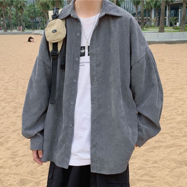 Sinlarity-Plain Corduroy Shirt Jacket