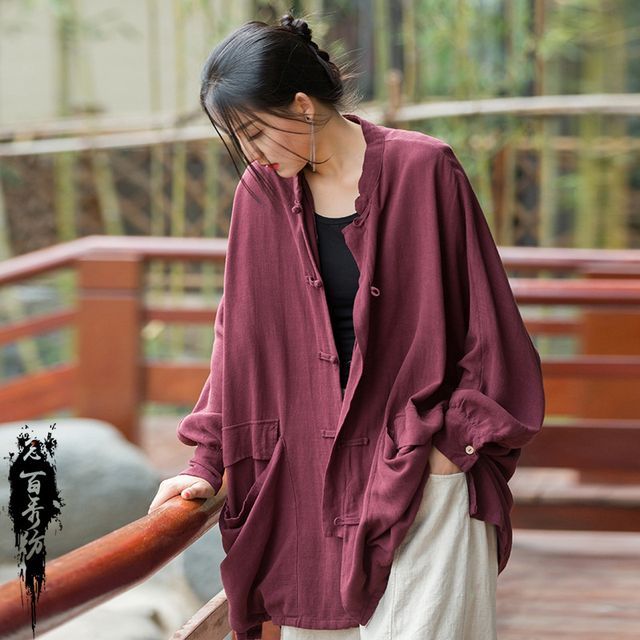 Lewwe-Plain Frog-Button Oversized Shirt