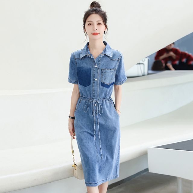 Anjalia - Short-Sleeve Two Tone Slit Denim Midi A-Line Shirt Dress |  YesStyle