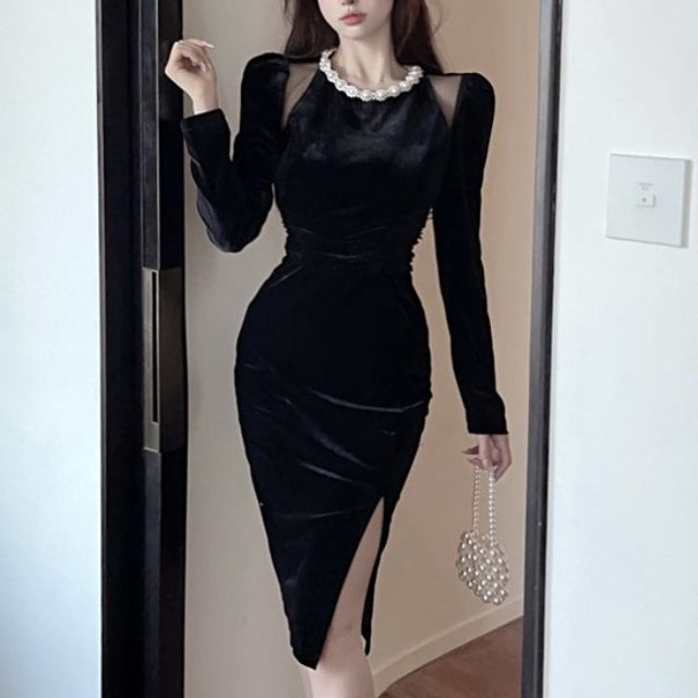 Princess Road - Long-Sleeve Faux Pearl Collar Mesh Panel Velvet Mini  Bodycon Dress | YesStyle