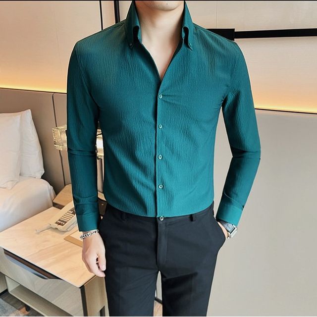 Deepwood-Plain Shirred Button-Up Shirt