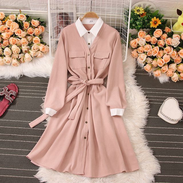 two tone long sleeve dress Yolandus - Long-Sleeve Two Tone Mock Two-Piece Shirt Dress