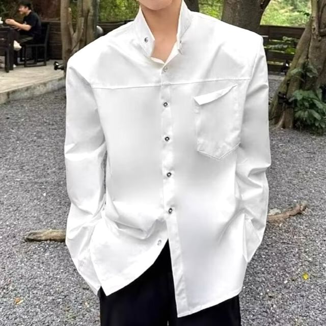 Naideth-Long-Sleeve Stand Collar Plain Shirt