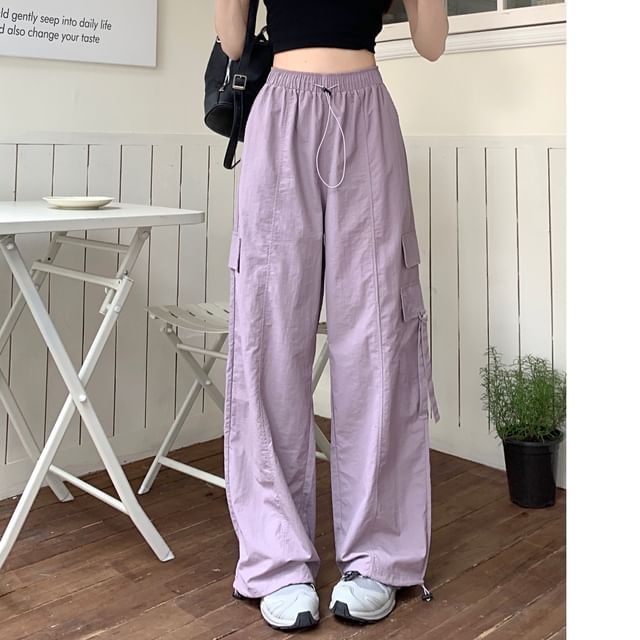 Duwnie-Drawstring Waist Plain Wide Leg Cargo Pants
