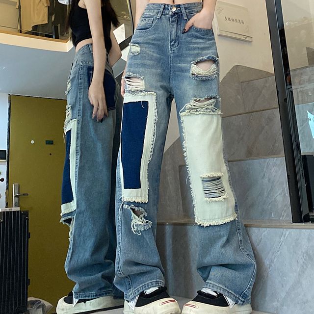 High Waist Washed Ripped Bootcut Jeans