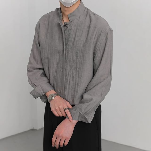 GRAYCIOUS-Long-Sleeve Stand Collar Plain Button-Up Shirt