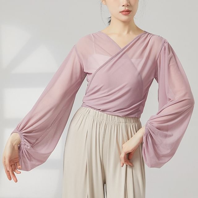 Cossita-Long-Sleeve V-Neck Plain Wrap Mesh Crop Top