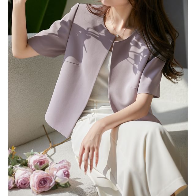 Jeonseon-Short-Sleeve Crew Neck Plain Open Front Crop Jacket