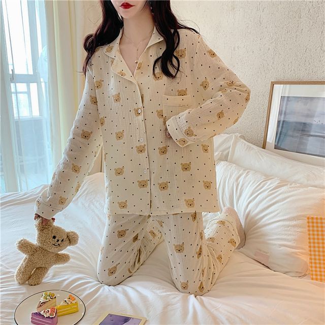 Pajama Set: Teddy Bear Print Top + Pants