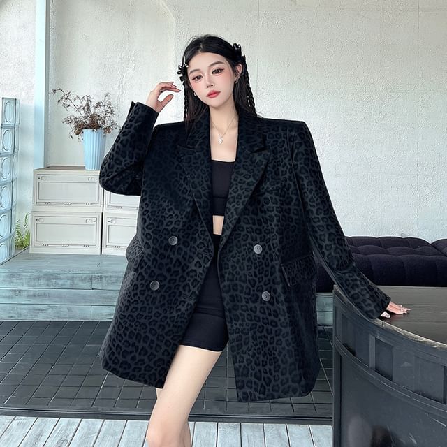 Porstina-Lapel Collar Leopard Print Double Breasted Blazer