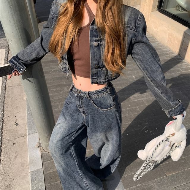 Beem-Collared Washed Denim Crop Button Jacket Mid Rise Washed Wide Leg Jeans