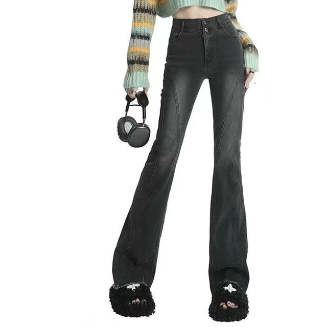 Everose-High Rise Washed Frayed Bootcut Jeans
