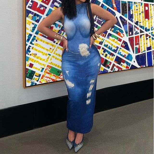 Ragom - Mock Neck Denim Print Maxi Sheath Tank Dress | YesStyle