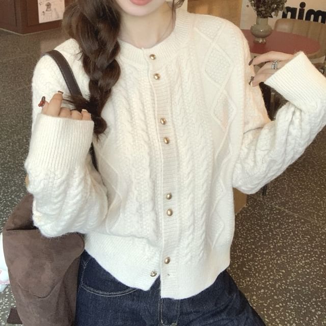 Gilmort-Round Neck Plain Cable Knit Cardigan