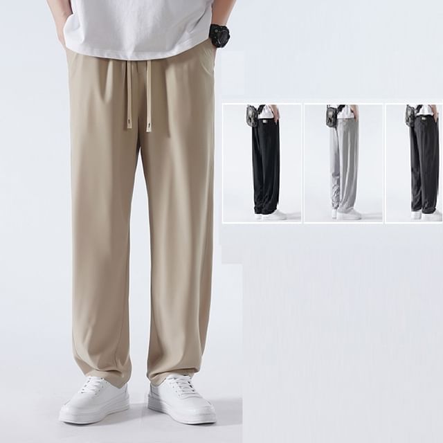 Lefitt-Drawstring Waist Plain Jogger Pants