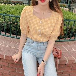Tangihouse - Puff-Sleeve Gingham Blouse