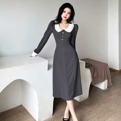 Kualien - Long-Sleeve Contrast Collar Midi A-Line Dress | YesStyle