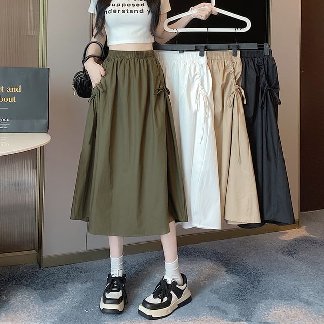 Yako-Elastic Waist Plain Drawstring Midi A-Line Cargo Skirt