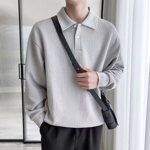 Urtishia-Long Sleeve Plain Geometric Patterned Polo Sweatshirt